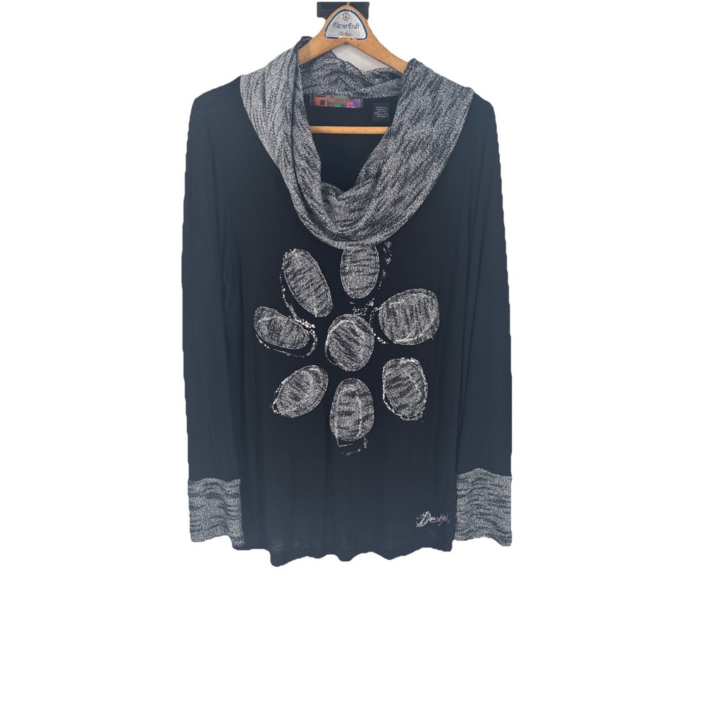 Desigual Womens Cowl Neck Tunic Top M Black Graphic Print‎ Floral Art to Wear